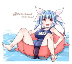 Rule 34 | 1girl, barefoot, blue hair, breasts, dated, fang, hair ribbon, i-19 (kancolle), innertube, kantai collection, large breasts, long hair, masara (chuujou), name tag, one-piece swimsuit, red eyes, ribbon, school swimsuit, simple background, skin fang, solo, star-shaped pupils, star (symbol), swim ring, swimsuit, symbol-shaped pupils, tri tails, twintails, twitter username, water, white background