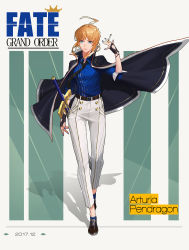 Rule 34 | 1girl, ahoge, alternate costume, artoria pendragon (all), artoria pendragon (fate), belt, black footwear, black necktie, blonde hair, blue eyes, blue shirt, braid, character name, cigarette, copyright name, crown, crown braid, excalibur (fate/stay night), fate/grand order, fate (series), fingerless gloves, fly tutu, full body, gloves, highres, jacket, jacket on shoulders, necktie, pants, saber (fate), shirt, shoes, sidelocks, sleeves rolled up, solo, walking, white pants