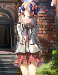 Rule 34 | 1girl, abigail williams (fate), arms behind back, blazer, blue bow, blue eyes, bow, brick wall, brown bow, closed mouth, collared shirt, day, door, dress shirt, fate/grand order, fate (series), forehead, hair bow, jacket, light brown hair, looking at viewer, multiple hair bows, necktie, open clothes, open jacket, outdoors, parted bangs, plaid, plaid necktie, plaid neckwear, plaid skirt, pleated skirt, polka dot, polka dot bow, red necktie, red skirt, sakazakinchan, school uniform, shirt, skirt, solo, stairs, stone stairs, white jacket, white shirt