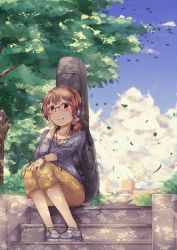 Rule 34 | 1girl, :3, andch24, brown hair, capri pants, cellphone, day, glasses, headphones, instrument case, long sleeves, no socks, original, pants, phone, purple eyes, semi-rimless eyewear, sheet music, short twintails, sitting, sky, smartphone, smile, solo, stairs, sweater, tree, twintails