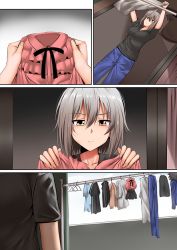 Rule 34 | 1girl, 4koma, ahoge, black ribbon, black shirt, breasts, clothes, comic, commentary request, denim, fate/grand order, fate (series), ginhaha, holding, holding clothes, jeanne d&#039;arc (fate), jeanne d&#039;arc alter (avenger) (fate), jeanne d&#039;arc alter (fate), large breasts, looking at viewer, multiple views, pink shirt, ribbon, shirt, short hair, short sleeves, yellow eyes