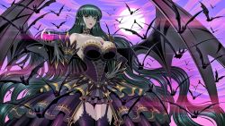 Rule 34 | 1girl, akiranime, bare shoulders, bat (animal), bat wings, breasts, choker, corset, cup, dress, drinking glass, elbow gloves, eyeball, frilled dress, frills, full moon, garter straps, gloves, green hair, highres, jewelry, large breasts, lens flare, lipstick, long hair, makeup, moon, original, pendant, pointy ears, red lips, strapless, strapless dress, thighhighs, vampire, very long hair, wine glass, wings, yellow eyes
