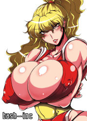 Rule 34 | 1girl, bare shoulders, bash-inc, blonde hair, breast hold, breasts, bursting breasts, capcom, cleavage, covered erect nipples, final fight, genryuusai maki, huge breasts, large areolae, long hair, muscular, ninja, ponytail, red eyes, solo