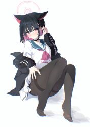 Rule 34 | 1girl, :o, absurdres, animal ears, black choker, black hair, black jacket, black pantyhose, blue archive, blunt bangs, blush, cat ears, choker, colored inner hair, commentary, green sailor collar, hair ornament, hairclip, hairpin, halo, hand on own thigh, hand up, highres, hood, hooded jacket, jacket, jacket partially removed, kazusa (blue archive), knees up, long sleeves, looking at viewer, multicolored hair, neckerchief, no shoes, nujii, open clothes, pantyhose, pink eyes, pink hair, pink neckerchief, pleated skirt, sailor collar, school uniform, serafuku, short hair, simple background, sitting, skirt, solo, symbol-only commentary, two-tone hair, white background, white skirt