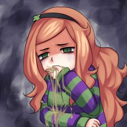 Rule 34 | 1girl, 4chan, bad id, bad tumblr id, clover, clover hair ornament, covering own mouth, empty eyes, four-leaf clover, freckles, green eyes, hair ornament, hairband, hood, hoodie, long hair, md5 mismatch, meme, messy hair, monorus, orange hair, parody, shirt, sidelocks, solo, source request, striped clothes, striped hoodie, striped shirt, turn pale, upper body, vertical-striped clothes, vertical-striped shirt, vivian james, vomit, vomiting