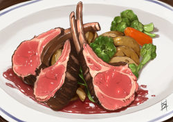 Rule 34 | broccoli, carrot, food, food focus, lamb chops, no humans, original, plate, potato, sauce, signature, umitsuki yu