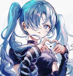 Rule 34 | 1girl, absurdres, arm warmers, black collar, black shirt, blue eyes, blue hair, blue nails, collar, commentary, ear piercing, earrings, hair over one eye, hatsune miku, heart, heart-shaped pupils, heart hands, highres, jewelry, long hair, looking at viewer, mismatched arm warmers, nail polish, parted lips, piercing, pink pupils, pipi, shirt, short sleeves, solo, symbol-only commentary, symbol-shaped pupils, twintails, upper body, vocaloid