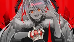 Rule 34 | 1girl, :d, absurdres, acrylicstroke, artist name, belt collar, black nails, collar, commission, crown, fangs, hatsune miku, highres, king (vocaloid), limited palette, long hair, looking at viewer, nail polish, open mouth, red background, red eyes, sitting, slit pupils, smile, solo, throne, twintails, unworn crown, vocaloid, w
