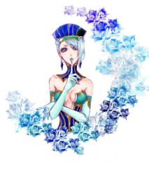 Rule 34 | 10s, 1girl, asymmetrical bangs, bad id, bad pixiv id, bare shoulders, blue eyes, blue flower, blue hair, blue rose, blue rose (tiger &amp; bunny), breasts, cleavage, earrings, elbow gloves, eyelashes, finger to mouth, fingernails, flower, gloves, highres, jewelry, k + n, karina lyle, lips, lipstick, makeup, matching hair/eyes, medium breasts, rose, short hair, solo, superhero costume, tiger &amp; bunny