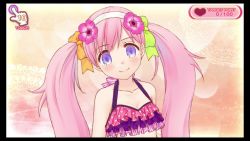 Rule 34 | 1girl, bare shoulders, bikini, blush, border, breasts, cleavage, gradient background, hair ornament, long hair, looking at viewer, luminous arc, luminous arc:infinity, palsh (luminous arc), pink hair, purple eyes, sitting, small breasts, smile, solo, swimsuit, upper body