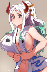 Rule 34 | 1girl, bare arms, bare shoulders, bottomless, breasts, cleavage, curled horns, dressing, earrings, fujioka yatsufusa, gold earrings, gradient hair, green hair, hakama, highres, hoop earrings, horns, huge breasts, japanese clothes, jewelry, kimono, long hair, looking at breasts, multicolored hair, multicolored horns, navel, one piece, oni, ponytail, puckered lips, red horns, rope, sideboob, sidelocks, signature, simple background, sleeveless, sleeveless kimono, solo, upper body, white hair, yamato (one piece)