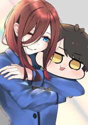 Rule 34 | 1girl, ;), antenna hair, black hair, blue shirt, blush, brown hair, character doll, chibi, chibi inset, closed mouth, collared shirt, commentary, crossed arms, go-toubun no hanayome, grey background, hair between eyes, hair over one eye, happy, highres, hug, hugging doll, hugging object, imananashi, long hair, nakano miku, one eye closed, shirt, short hair, simple background, smile, solo, sparkle, straight hair, uesugi fuutarou, upper body, yellow eyes