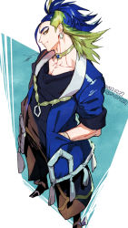 Rule 34 | 1boy, adaman (pokemon), blonde hair, blue coat, blue hair, closed mouth, coat, creatures (company), dated, earrings, eyebrow cut, game freak, green hair, hands in pockets, jewelry, male focus, multicolored hair, neck ring, nintendo, open clothes, open coat, orange eyes, pokemon, pokemon legends: arceus, shin (sinsin12121), signature, simple background, solo, standing, twitter username, two-tone hair
