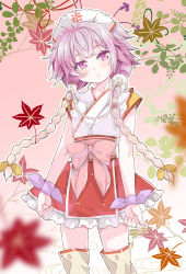 Rule 34 | 1girl, :o, amazake (cafe-chan to break time), autumn leaves, blurry, blurry foreground, braid, brown thighhighs, cafe-chan to break time, commentary request, depth of field, eyebrows hidden by hair, frilled skirt, frills, hair ornament, japanese clothes, kimono, leaf, long hair, looking at viewer, maple leaf, parted lips, porurin, purple eyes, purple hair, purple ribbon, red skirt, ribbon, skirt, sleeveless, sleeveless kimono, solo, thighhighs, twin braids, very long hair, white kimono, wrist ribbon