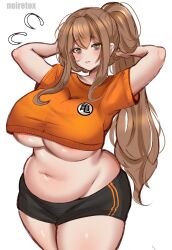Rule 34 | 1girl, arms behind head, arms up, artist name, bags under eyes, blush, breasts, brown hair, cowboy shot, crop top, cropped shirt, green eyes, hair between eyes, head tilt, highres, huge breasts, long hair, looking at viewer, navel, neet girl (noiretox), noiretox, original, parted lips, plump, ponytail, short shorts, short sleeves, shorts, simple background, solo, thick thighs, thighs, underboob, very long hair, white background