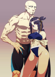 Rule 34 | 1boy, 1girl, abs, arm around shoulder, bad id, bad pixiv id, bald, bikini, black jammers, black male swimwear, blue bikini, blue eyes, breasts, contrapposto, couple, earrings, facial hair, fate/grand order, fate (series), forehead, goatee, hair bun, height difference, hetero, highres, hug, jammers, jewelry, long hair, male swimwear, manly, medium breasts, musashibo benkei (fate), muscular, navel, no pupils, off shoulder, one side up, pectorals, purple hair, rokkotsu, side bun, side ponytail, single side bun, swimsuit, ushiwakamaru (fate), ushiwakamaru (swimsuit assassin) (first ascension) (fate), veins, very long hair