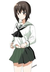Rule 34 | 10s, 1girl, alternate costume, artist name, bad id, bad twitter id, black neckerchief, blouse, brown eyes, brown hair, closed mouth, cowboy shot, girls und panzer, green skirt, light frown, long sleeves, looking down, miniskirt, navel, neckerchief, nishizumi maho, ooarai school uniform, pleated skirt, saikawa yusa, school uniform, serafuku, shirt, shirt tug, short hair, signature, simple background, skirt, solo, standing, white background, white shirt