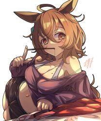 Rule 34 | 1girl, absurdres, agnes tachyon (umamusume), ahoge, animal ears, black shorts, breasts, brown eyes, brown hair, cleavage, ear ornament, food in mouth, highres, horse ears, horse girl, horse tail, looking at viewer, lying, medium breasts, messy hair, navel, off-shoulder shirt, off shoulder, on side, pocky, pocky day, pocky in mouth, purple shirt, shirt, short shorts, shorts, simple background, sleeves past wrists, solo, tail, umamusume, white background, woruta (soloistlist)