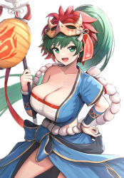 Rule 34 | 1girl, :d, bandages, blue shirt, blue skirt, blush, breasts, chest sarashi, cleavage, collarbone, commentary, cowboy shot, fire emblem, fire emblem: the blazing blade, fire emblem heroes, gonzarez, green eyes, green hair, hand on own hip, hand up, highres, holding, large breasts, long hair, looking at viewer, lyn (fire emblem), mask, mask on head, nintendo, official alternate costume, open mouth, ponytail, sarashi, shirt, simple background, single-shoulder shirt, single bare shoulder, single sleeve, skirt, smile, solo, standing, strapless, tube top, very long hair, white background