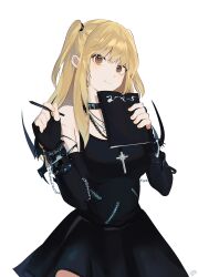 Rule 34 | 1girl, absurdres, amane misa, bare shoulders, black choker, black dress, blonde hair, breasts, brown eyes, choker, closed mouth, cross, cross necklace, death note, death note (object), detached sleeves, dress, goth fashion, highres, holding, holding pen, jewelry, long hair, looking at viewer, medium breasts, necklace, pen, simple background, skull necklace, smile, solo, stanl2y, twintails, white background