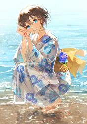 Rule 34 | 1girl, :d, absurdres, barefoot, beach, blue eyes, brown hair, caustics, floral print, grin, hair between eyes, highres, japanese clothes, kimono, long sleeves, looking at viewer, obi, ocean, open mouth, original, outdoors, own hands clasped, own hands together, print kimono, sand, sash, shadow, shore, short hair, sidelocks, smile, solo, teeth, toumin (onemunemu99), wading, white kimono, wide sleeves, yukata
