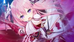 Rule 34 | 1girl, aihara shion, blush, butterfly hair ornament, female focus, fighting stance, game cg, hair between eyes, hair ornament, hands up, holding, holding sword, holding weapon, kizuna kirameku koi iroha, light blush, long hair, looking at viewer, nironiro, nose blush, open mouth, original, pero, pink hair, purple eyes, sheath, simple background, solo, standing, sword, upper body, weapon