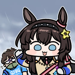 Rule 34 | 1boy, 1girl, animal ears, aqua eyes, arm up, breasts, chibi, commentary, ear ornament, flying sweatdrops, glasses, grace (kor) (racehorse), hair ornament, hairband, horse ears, horse girl, jazz jack, jewelry, korean commentary, long hair, lowres, mask, meme, messy hair, mouth mask, necklace, opaque glasses, original, personification, real life, short hair, sidelocks, star (symbol), star hair ornament, tongue, tongue out, umamusume