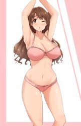 1girl ;o armpits arms_up bra breasts brown_eyes brown_hair collarbone highres idolmaster idolmaster_cinderella_girls large_breasts long_hair looking_at_viewer navel one_eye_closed panties pink_bra pink_panties revision shimamura_uzuki solo standing twogie underwear underwear_only