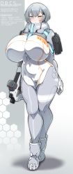 Rule 34 | 1girl, absurdres, android, android (konoshige), barcode, barcode tattoo, bodysuit, breasts, clone soldier (konoshige), covered navel, curvy, english text, facial tattoo, full body, grey bodysuit, grey eyes, grey hair, gun, highres, holding, holding gun, holding weapon, huge breasts, konoshige (ryuun), looking at viewer, multicolored bodysuit, multicolored clothes, original, short hair, solo, standing, tattoo, thick thighs, thighs, weapon, white bodysuit, wide hips