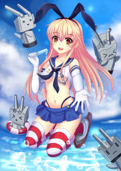 Rule 34 | 10s, 1girl, :d, alternate eye color, anchor, black panties, blonde hair, bow, breasts, crop top, crop top overhang, dance of eternity, elbow gloves, food, gloves, hair bow, highleg, highleg panties, highres, kantai collection, kneeling, lifebuoy, midriff, navel, no bra, ocean, open mouth, orange eyes, outstretched arm, panties, personification, popsicle, puff of air, red thighhighs, rensouhou-chan, school uniform, serafuku, shimakaze (kancolle), shiny skin, small breasts, smile, solo, striped clothes, striped thighhighs, swim ring, thighhighs, underboob, underwear, water, white thighhighs, x&lt;, | |