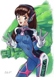 Rule 34 | 1girl, blue bodysuit, bodysuit, brown eyes, brown hair, cowboy shot, d.va (overwatch), double w, facepaint, facial mark, gloves, headphones, highres, long hair, looking at viewer, medium hair, neon genesis evangelion, open mouth, overwatch, overwatch 1, parody, pilot suit, retro artstyle, signature, skin tight, smile, solo, style parody, unseriousguy, w, whisker markings, white gloves