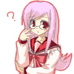 Rule 34 | 00s, blouse, bow, bowtie, glasses, long hair, lowres, lucy maria misora, oekaki, outline, pink bow, pink bowtie, pink eyes, pink hair, school uniform, serafuku, shirt, simple background, solo, swept bangs, to heart (series), to heart 2, white background, white shirt