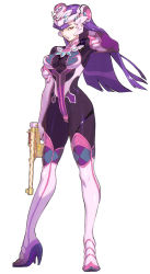 Rule 34 | 1girl, arm behind back, bodysuit, boots, breasts, elbow gloves, full body, gloves, gun, handgun, headgear, helmet, high heels, jewelry, long hair, medium breasts, official art, persephone (wild arms), persephone (wild arms 5), pistol, purple hair, red eyes, sasaki tomomi, scan, shoes, simple background, skin tight, smile, snake, solo, thigh boots, thighhighs, tomomi sasaki, weapon, white background, wild arms, wild arms 5