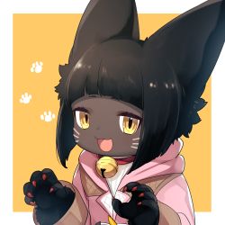 Rule 34 | 1girl, :3, animal ears, animal hands, bell, black hair, black skin, border, claw pose, claws, collar, colored skin, facial mark, final fantasy, final fantasy xiv, highres, lalafell, looking at viewer, neck bell, open mouth, sakura chiyo (konachi000), short hair, solo, upper body, warrior of light (ff14), whisker markings, white border, yellow eyes