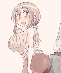 Rule 34 | 1boy, 1girl, ass, ass press, blush, breasts, brown eyes, brown hair, bulge, chiden, erection, erection under clothes, highres, huge breasts, long hair, looking back, matsumoto yoriko, open mouth, smile, sweater, yuyushiki