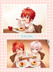 Rule 34 | 2boys, aged down, brown eyes, chair, child, eating, food, glass, idolish7, ima (luce365), kujou tenn, long sleeves, looking at viewer, male focus, multiple boys, nanase riku, omelet, omurice, open mouth, plate, red eyes, red hair, short hair, smile, spoon, table, translation request, white hair, wooden chair, wooden table