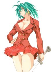 Rule 34 | 00s, 1girl, absurdres, breasts, cleavage, earrings, green eyes, green hair, hand on own hip, highres, ikkitousen, jewelry, large breasts, legs, long hair, looking at viewer, matching hair/eyes, no bra, official art, panties, pantyshot, ryofu housen, school uniform, shiozaki yuji, simple background, skirt, smile, solo, standing, sword, thighs, twintails, underwear, upskirt, weapon, white background, white panties