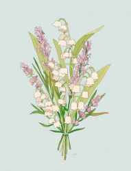 Rule 34 | blue background, bouquet, commentary, english commentary, flower, highres, lavender (flower), leaf, libbyframe, lily of the valley, no humans, original, plant, purple flower, signature, simple background, still life, white flower