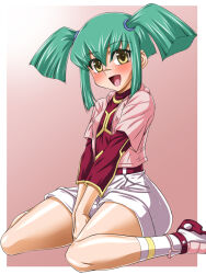 Rule 34 | 1girl, blush, covered erect nipples, full body, green hair, hajime shindo, legs, luca (yu-gi-oh!), open mouth, pig tail, shorts, smile, tail, thick thighs, thighs, yu-gi-oh!, yu-gi-oh! 5d&#039;s