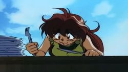 Rule 34 | 1990s (style), 1girl, animated, animated gif, bouncing breasts, breasts, brown hair, earrings, eating, female focus, food, fork, happy, holding, holding fork, holding knife, jewelry, knife, lina inverse, long hair, looping animation, necklace, plate, retro artstyle, seafood, sitting, slayers, table