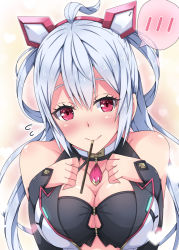 Rule 34 | 1girl, ahoge, bare shoulders, blue hair, blush, breasts, cleavage, cleavage cutout, clothing cutout, food, innocent cluster, large breasts, long hair, looking at viewer, matoi (pso2), milkpanda, mouth hold, phantasy star, phantasy star online 2, pink eyes, pocky, solo, speech bubble, spoken blush