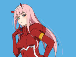 Rule 34 | 10s, 1girl, blue background, bodysuit, breasts, closed mouth, darling in the franxx, domo1220, eyeshadow, finger to mouth, green eyes, green hairband, hairband, hand on own hip, hand up, horns, long hair, looking at viewer, makeup, medium breasts, pilot suit, pink hair, red bodysuit, simple background, solo, upper body, very long hair, zero two (darling in the franxx)