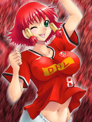 Rule 34 | 1girl, breasts, green eyes, huge breasts, impossible clothes, impossible shirt, large breasts, midriff, original, quiz magic academy, red hair, ruquia, shirt, short hair, solo, yaso shigeru