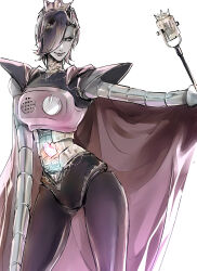 Rule 34 | 1boy, absurdres, android, black hair, cape, closed mouth, colored skin, cowboy shot, crown, eyebrow piercing, grey skin, hair over one eye, highres, holding, holding microphone stand, jewelry, looking at viewer, male focus, mechanical arms, mettaton, mettaton ex, microphone stand, necklace, piercing, red cape, robot, shoji sakura, short hair, smile, solo, undertale, white background