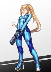 Rule 34 | black footwear, blonde hair, blue bodysuit, blush, bodysuit, bracelet, breasts, closed mouth, commentary request, covered navel, full body, gun, hair between eyes, high heels, highres, holding, holding gun, holding weapon, jewelry, kilye kairi, looking at viewer, medium breasts, metroid, mole, mole under mouth, nintendo, ponytail, samus aran, sidelocks, skin tight, solo, standing, trigger discipline, two-tone background, weapon, zero suit