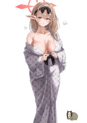 Rule 34 | 1girl, :o, absurdres, black hairband, blue archive, blush, breasts, chinatsu (blue archive), chinatsu (hot spring) (blue archive), cleavage, collarbone, elf, feet out of frame, glasses, grey kimono, hair over shoulder, hairband, halo, highres, japanese clothes, kimono, large breasts, long hair, long sleeves, looking at viewer, low ponytail, off shoulder, open clothes, open kimono, parted lips, pizzasi, pointy ears, simple background, single bare shoulder, solo, standing, sweat, white background, wide sleeves, yellow eyes