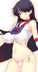 Rule 34 | 1girl, 3:, bare legs, between fingers, bishoujo senshi sailor moon, black hair, blush, breasts, choker, closed mouth, covered erect nipples, cowboy shot, earrings, elbow gloves, floating hair, gloves, hand on own chest, hino rei, holding, jewelry, large breasts, legs, long hair, long legs, looking at viewer, magical girl, mochi kuu usagi, navel, panties, purple eyes, purple hair, sailor mars, school uniform, serafuku, shadow, side-tie panties, standing, star (symbol), star earrings, talisman, thighs, tiara, torn clothes, underwear, very long hair, white gloves, white panties