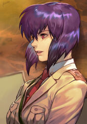 Rule 34 | 1girl, brown jacket, collar, ghost in the shell, ghost in the shell stand alone complex, hungry clicker, jacket, kusanagi motoko, military, military uniform, parted lips, purple hair, red eyes, red tie, solo, uniform, white collar