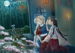 Rule 34 | 3girls, :o, animal ears, bamboo, bamboo forest, black hair, blouse, blurry, blurry foreground, bow, bowtie, braid, braided ponytail, brown eyes, candle, candlestand, ceiling light, commentary request, depth of field, dress, eientei, elbow rest, expressionless, fence, flower, forest, full moon, hand on another&#039;s cheek, hand on another&#039;s face, hand on lap, hat, head tilt, highres, holding hands, houraisan kaguya, inaba tewi, kneeling, leaf print, light particles, long hair, long sleeves, looking at another, looking up, moon, multiple girls, nature, night, nurse cap, onlookers, outdoors, pink dress, pink flower, pink shirt, puffy short sleeves, puffy sleeves, rabbit, rabbit ears, red skirt, round window, shirt, short hair, short sleeves, silver hair, skirt, sleeves past wrists, smile, standing, stepping stones, touhou, two-tone dress, veranda, very long hair, watching, white neckwear, window, wooden fence, yagokoro eirin, yellow eyes, yukanomokume, | |