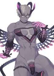 Rule 34 | 1boy, :p, abs, alternate costume, alternate pectoral size, bara, chest tattoo, colored skin, commentary request, cosplay, curled horns, demon boy, detached sleeves, fate/grand order, fate (series), glasses, grey hair, grey skin, highres, horns, jacques de molay (foreigner) (fate), jacques de molay (foreigner) (fate) (cosplay), jacques de molay (foreigner) (third ascension) (fate), jacques de molay (saber) (fate), looking at viewer, male focus, muscular, muscular male, navel, nipples, p3ta (yio), pectoral cleavage, pectorals, penis, short hair, solo, stomach, tattoo, thick thighs, thighs, tongue, tongue out, uncensored, yellow eyes